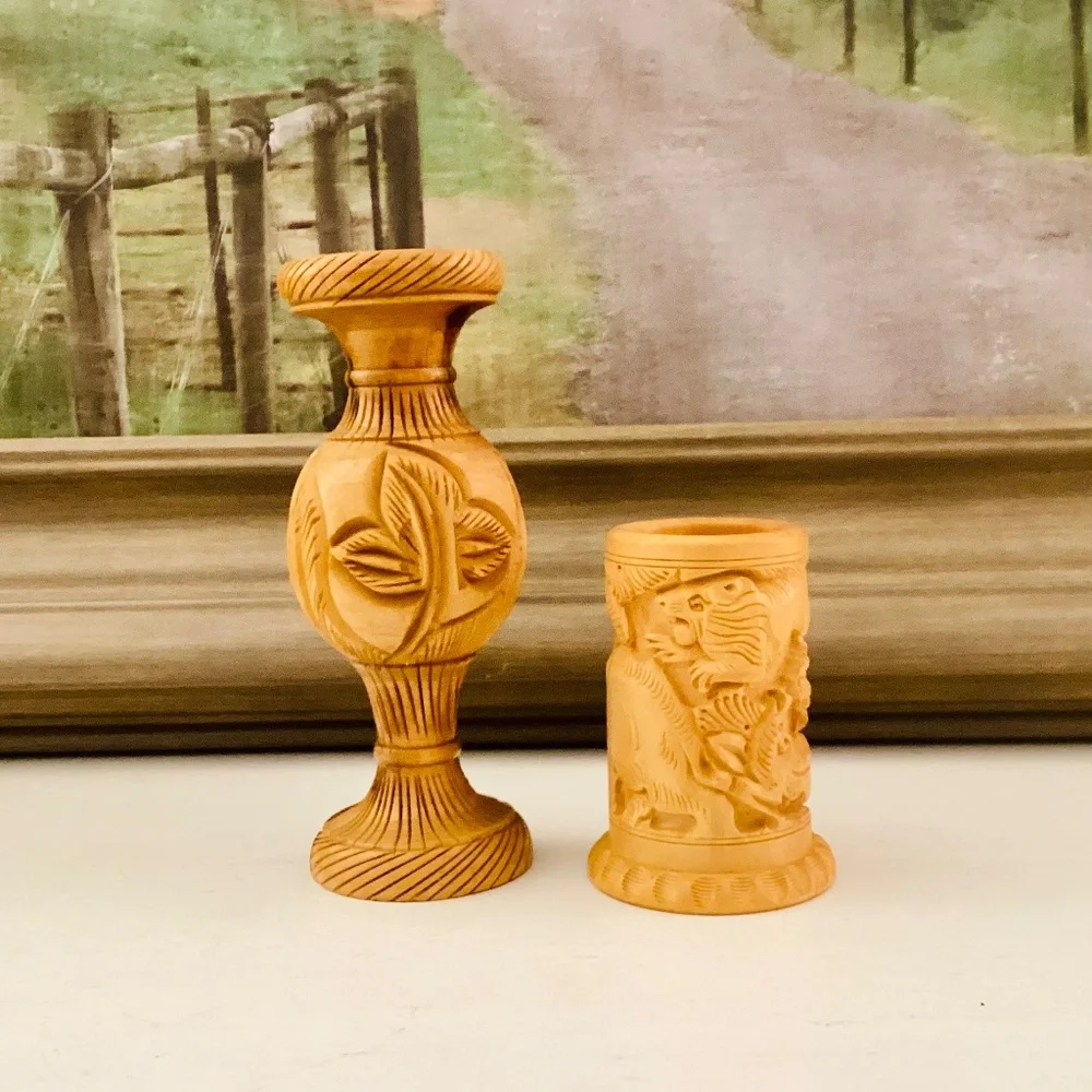 Handcrafted Carved Wooden Vase Pencil Holder Gift Set Of 2 Office Décor Vintage